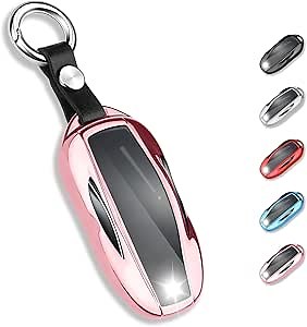 QBUC for Tesla Key Fob Cover with Keychain Soft TPU Protection Case Compatible with Tesla Model 3 / Y (Pink)