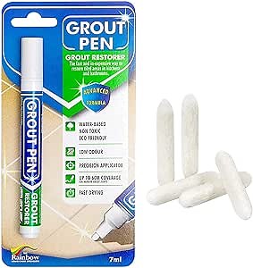 Grout Pen Tile Paint Marker: White Narrow 5mm with 5 Pack Replacement Tips - Waterproof Grout Colorant and Sealer Pen to Renew, Repair, and Refresh Tile Grout - Cleaner Coating Stain Pens