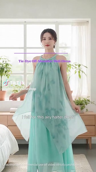gainpro 99353#Tie-dye halter neck off-shoulder dress for women, spring 2026, irregular faux two-piece flowing skirt