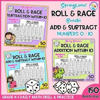 Roll and Race Add & Subtract Within 10 Spring Dice Game Printables Bundle K-1