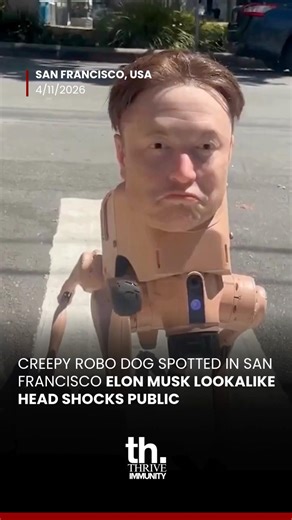 Strange flesh-colored robot dog with Elon Musk-like head seen waving at people“Lost dog” poster