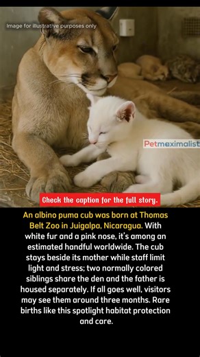 An albino puma cub has just been born at the Thomas Belt Zoo in Juigalpa, Nicaragua — a truly extraordinary and rare event. 🐾 Snow-white from head to tail, with a soft pink nose and pale eyes, this little cub belongs to a group so small that only a handful exist worldwide. Albinism means its body produces no melanin, the pigment that gives color and protects skin and eyes from sunlight. Because of this, caretakers are keeping the den dim and quiet, limiting exposure to light, and watching caref