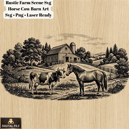 Farm Scene Svg, Horse Cow Barn Engraving, Rustic Farm Landscape, Ranch Scene Art, Farmhouse Decor, Laser Cut File Svg Png - Etsy