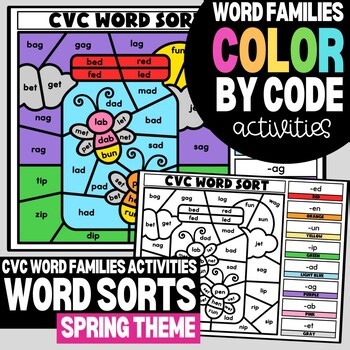 Kindergarten CVC Word Families | Word Sort Worksheets | Spring
