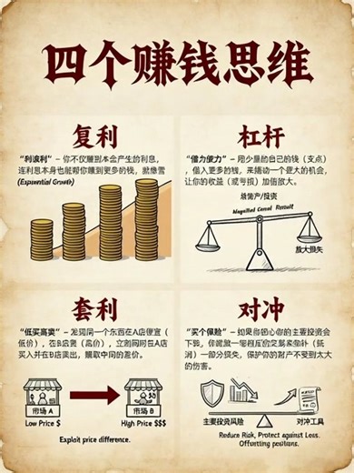真正拉开财富差距的，只有这四种赚钱思维： 1. 复利 复利的核心是“利滚利”，让赚到的钱继续生钱，像雪球越滚越大，实现指数级增长。如长期定投，靠耐心和时间拉开差距，不是一夜暴富。 2.杠杆 杠杆的核心是“借力打力”，用少量自有资金撬动更大资源，把收益（和风险）成倍放大。但需谨慎控制风险。 3. 套利 套利的核心是“低买高卖，同时进行”，发现同一物品在不同市场或渠道的价格差，低价买入高价卖出，吃掉中间利润。靠眼疾手快和执行力，赚的是确定性机会。 4. 对冲 对冲的核心是“反向保护”，通过反向交易抵消主要投资的风险，减少潜在损失，换取更稳定的心态。不是为了赚最多，而是为了不亏最多，适合风险厌恶者。 #投资 | 大脑营行