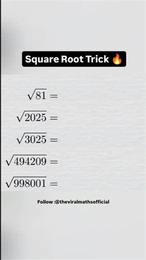 Viral Maths Research Center (VMRC) on Instagram: "Square Root Tricks 🔥 Save this post for later ✅ & Share with your friends! #viralmaths #motivation #navneetsir #mathsbynavneetsir #quiz mathsfacts, mathsmemes, mathstricks mathspuzzles, formula, mathsformula, maths numbersystem, realnumbers, explorepage mathsquestions, mathspost, mathsrevision algebra, algebratricks Must follow this page @theviralmathsofficial for improving your speed of calculation 🔥"
