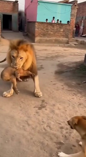 Dog Attacks Lion in Village — Fearless Strike While Lion Hunts Prey 😱 A peaceful village night suddenly explodes into shock when a hungry lion sneaks in to catch livestock. Just as the lion leaps toward its prey, a fearless street dog charges from behind and bites the lion’s hind leg with full force. The lion roars in rage and whips around, but the dog refuses to run — barking non-stop, blocking the lion from attacking the animal it came for. Villagers scream, utensils fall, doors slam shut, an