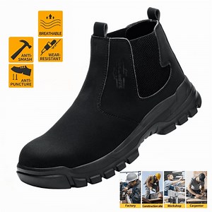 Work Boots for Men, Slip On Steel Toe Chelsea Safety Boots, Waterproof Slip Resistant Work Shoes, Lightweight Comfortable Breathable Non Slip Safety Toe Shoes