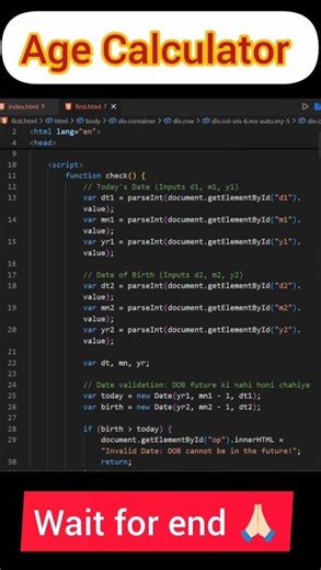Age Calculator using JavaScript | Web Development Project 🛠️ #coding #reals #shortvideo #trending