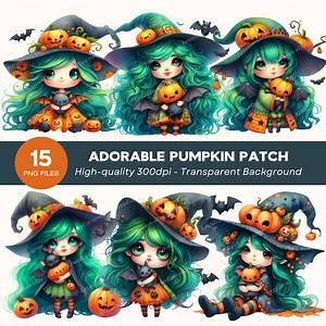 Cute Halloween Witch Clipart, Kawaii Witch With Pumpkin Bat PNG Adorable Spooky Season Sublimation Commercial Use | 15-premium Pngs, HPNG010 - Etsy