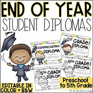 Kindergarten Diplomas through 5th Grade Diplomas for End of Year Parties