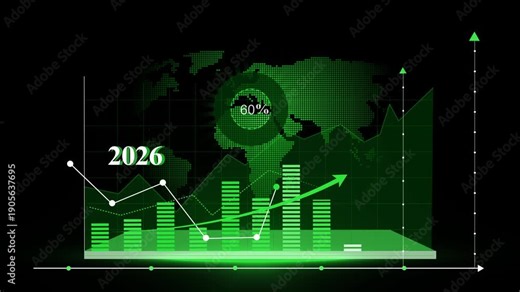 Futuristic 2026 business growth chart animation, line graph and world map background showing growth projection for 2026