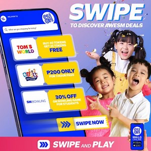 Unlock endless excitement with swipe coupons! Swipe your way to incredible discounts and exclusive offers from Tom's World, Kids' Paradise, and SM Bowling. 🤩 Don't miss out on the fun! Download the SM Malls Online App now and #DotheSuperSwipe! 👉 https://click.smmallsonline.com/DFqS/tp0y7jfq | SM Deals