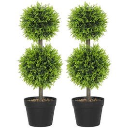 HOMCOM Set of 2 Artificial Topiary Cypress Ball Trees with Pot and Pebbles
