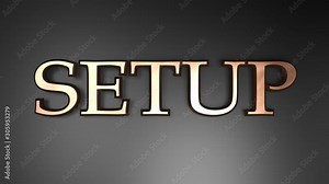 The write SETUP in satin copper letters, on black glossy surface, with horizontal lines going from one side to the other and back - 3D rendering video clip