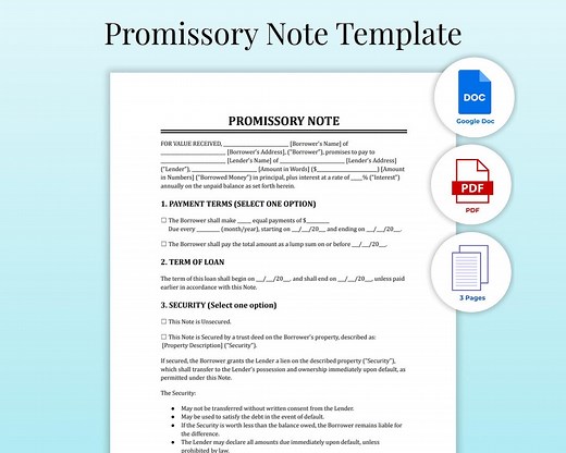 Promissory Note Template – Loan Agreement Form – Google Docs Editable – A4 Format – Instant Access - Etsy