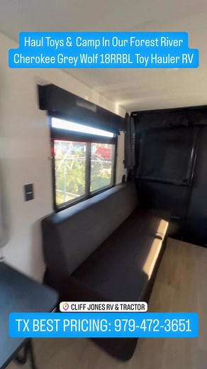 Have 4 Wheeled Toys & Want To Go Camping? We Have Just What You Need: 2026 Forest River Cherokee Grey Wolf Black Label 18RRBL Mid Bath Toy Hauler Travel Trailer-TEXAS BEST PRICING! . . . The Cherokee Grey Wolf 18RRBL is a compact Toy Hauler RV that measures 24 feet long and weighs 4,463 lbs dry. It features a flexible rear garage space with a ramp door that converts into a patio, an interior with a queen bed and fold-down sofa, a full bathroom, and a kitchen with modern appliances like a convect