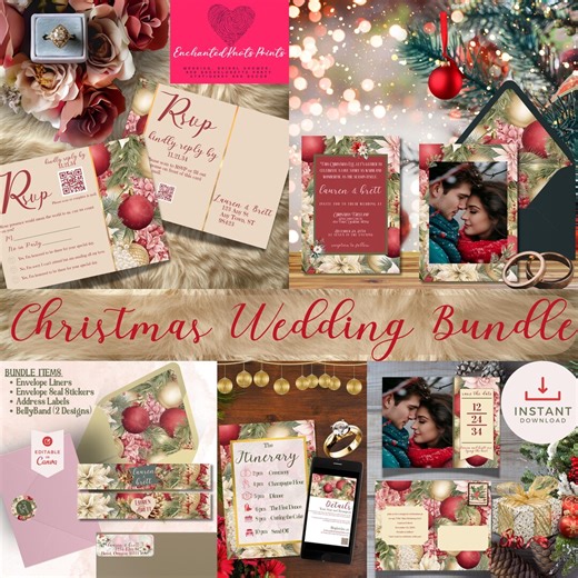 Christmas Wedding Invitation Suite | Holiday Stationery Set With RSVP, Details & Envelope Liners | Editable Canva - Etsy
