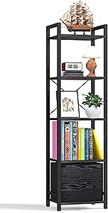 Narrow-Bookshelf-With-Storage-Drawer, 5-Tier Small Standing Book Shelf Organizer For Small Space, Tall Thin Bookcase Shelf For Bedroom Living Room Office, Wooden Shelving Unit Rack For Display
