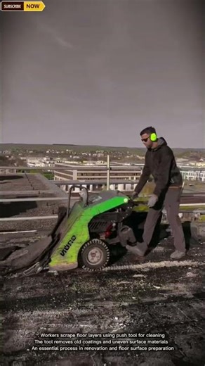 Workers Scraping Floor Surface Using Push Tool for Renovation and Cleaning Work