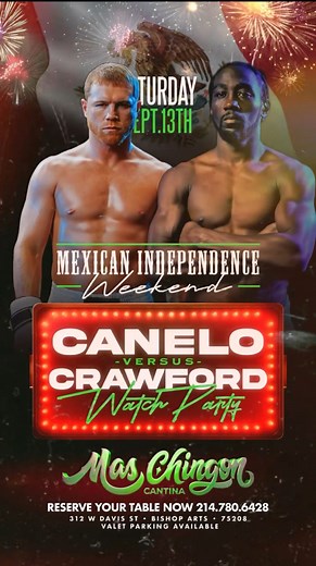 🥊 CANELO FIGHT NIGHT at MAS CHINGON 🥊 Saturday, September 13 — we're showing the big fight LIVE on our 50-ft wide LED screen! 📺🔥 All tables are RESERVATION ONLY, so book yours NOW before they’re gone! 🍻 CORONA will be in the house with giveaways all night! Don’t just watch the fight — LIVE IT at Mas Chingon 💥🏆 #CaneloFightNight #MasChingonDallas #FightNightVibes #DFWEvents #BoxingParty #CoronaGiveaway | Mas chingon dallas