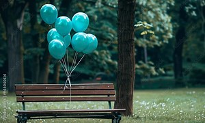 Turquoise balloons tied to a park bench, adding a pop of color to the peaceful greenery