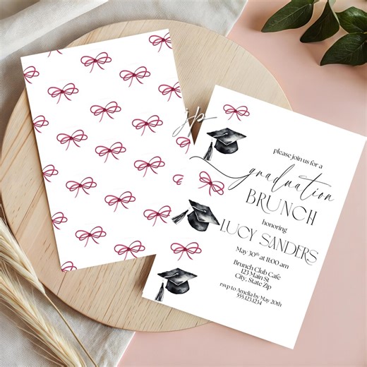 College Graduation Brunch Invitation Editable Red Bow and Grad Cap Party Invite Template Girls High School Grad Digital Download - Etsy
