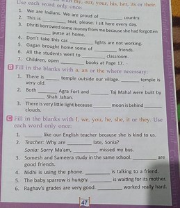 Fill in the blanks with I, we, you, he, she, it or they. Use ea... | Filo