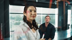 Young confident businesswoman present project to expert investor. Professional project manager uses sticky notes to explain startup project, sharing brainstorming ideas to investor. Manipulator.