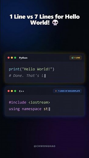 Python vs C++: Printing Hello World 💀 #Shorts #quiz #codingtips #coding #code #python #c++