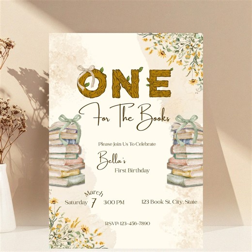 One for the Books Birthday Invitation | Book Themed Birthday Invite | Editable Canva Template, Digital Download - Etsy