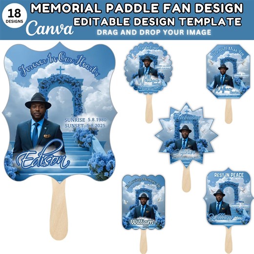 In Loving Memory Memorial Funeral Fan Canva Editable Template,18 Blue Memorial Paddle Fan Design,celebrating the Life Blue Heaven Background - Etsy