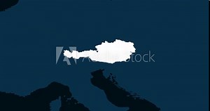 World Map Zoom In To Austria. Animation in 4K Video. White Austria Territory On Dark Blue World Map