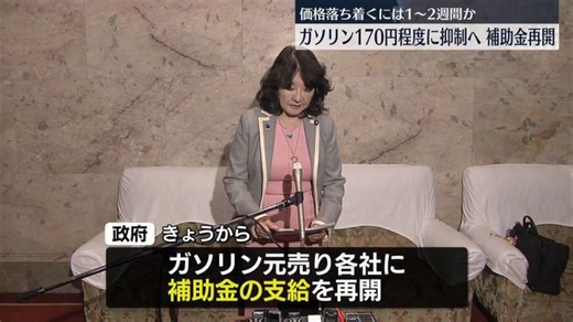 ガソリン170円程度に抑制へ、元売り各社への補助金再開 価格落ち着くには1～2週間か