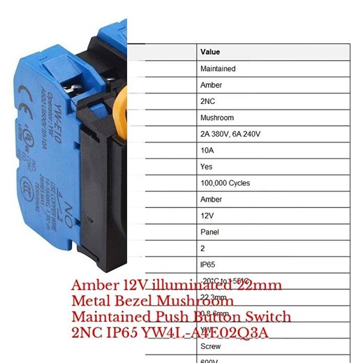 Amber 12V illuminated 22mm Metal Bezel Mushroom Maintained Push Button Switch 2NC IP65