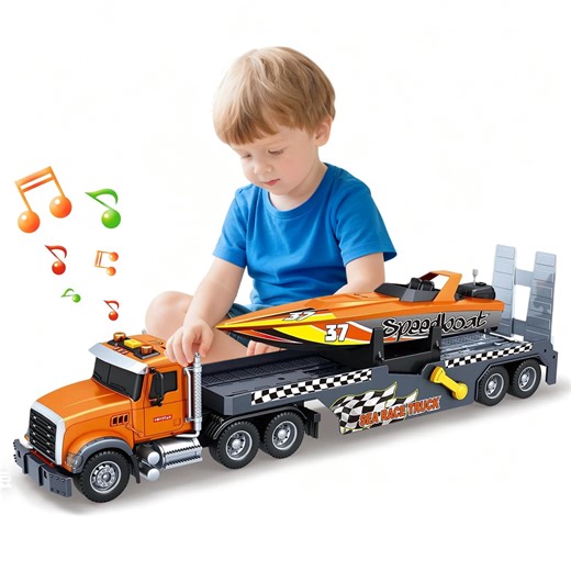 3-in-1 Large Flatbed Truck Toy with a Sea Race Truck, Friction Powered Vehicles Toys with Lights and Sounds, Gift for 3 Year Old Kids Boys Girls