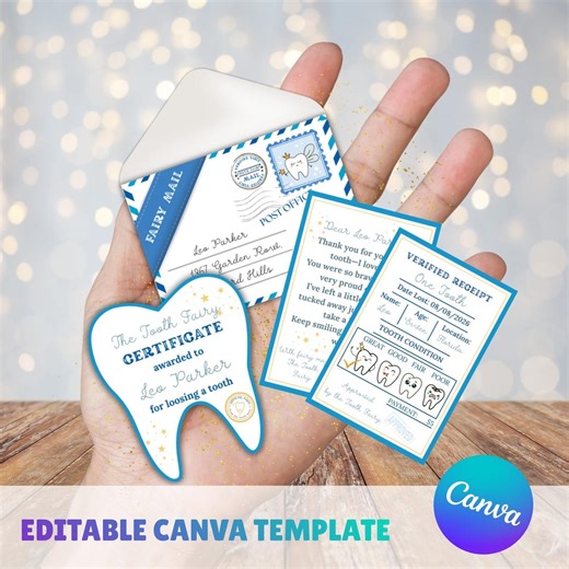 Mini Tooth Fairy Set Blue Printable, Editable Canva Template, Tooth Fairy Letter Receipt Certificate Envelope, Instant Download - Etsy