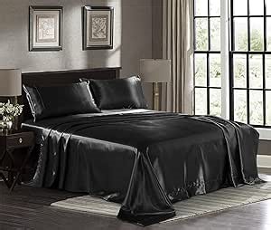 Pure Bedding Satin Sheets King [4-Piece, Black] Hotel Luxury Silky Bed Sheets - Extra Soft 1800 Microfiber Sheet Set, Wrinkle, Fade, Deep Pocket Fitted Sheet, Flat Sheet, Pillow Cases