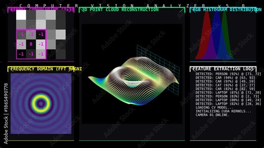 Computer Vision Analysis Dashboard Showing 3D Point Cloud Reconstruction, Convolution Kernel, FFT Frequency Domain, RGB Histogram and Feature Extraction Logs