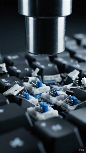 Press crushing computer keyboard keys, plastic snapping cleanly, macro detail, 4K.”