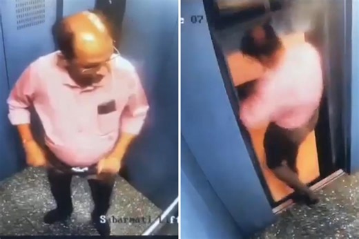 Terrifying video shows moment man is nearly crushed to death after elevator suddenly shoots up