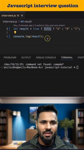Code Step By Step on Instagram: "This is a super tricky JavaScript interview question 😵‍💫 It’s based on the ternary operator, and most developers get it wrong the first time! 👉 The real twist? Ternary operators execute from RIGHT to LEFT, not left to right 🤯 Pause the video, guess the output, then watch the logic behind why the answer is B. If you already knew this concept, comment “YES” 👇 If this was new for you, comment “LEARNED” #JavaScript #TernaryOperator #JavaScriptInterview #JSInterv