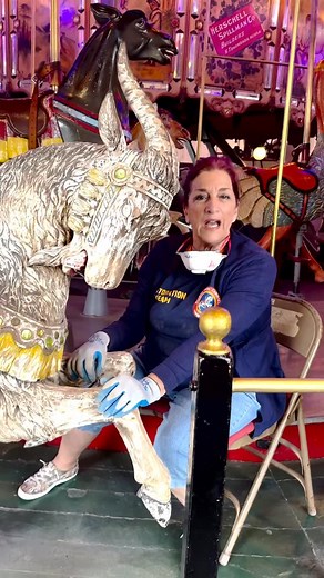 With National Carousel Day just around the corner, the restoration team has been working extra hard to make sure the Balboa Park Carousel is in top condition for the big day. Under the dedicated leadership of Bill Brown, Balboa Park’s Carousel Manager for over 50 years, the restoration volunteers meet weekly to repaint and restore all 52 animals to their original glory. Each detail is carefully matched to the colors and designs found in historic catalogs from the Herschell Spillman Carousel Comp