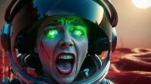 Screaming female astronaut with glowing green eyes in a spacesuit helmet, on an alien planet with a distressed expression as sunlight glows in the background