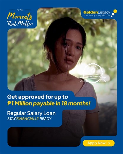 Nothing should stop you from your dreams. Get up to ₱1Million with ease. Apply now! https://olap.goldenfinancing.com/#/olap_homepage Stay Financially Ready #GLFC #GoldenLegacy #stayfinanciallyready #SalaryLoan #Employee #employeebenefits | The Golden Legacy Financing Corporation