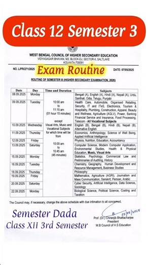 Class 12 Semester 3 Exam Routine/Class 12 3rd Semester HS Exam Date