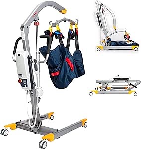 Patient Lift Electric Foldable Hydraulic Body Transfer for Home Use Seniors Free-Assembly Portable, Battery-Powered with Low Base, 400lb Weight Capacity with Medium U-Sling, Gray