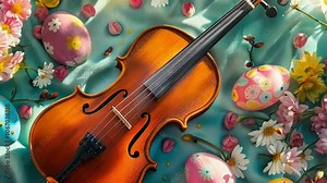 Easter Music Festival, A violin is placed on a bed of flowers and eggs. The scene is colorful and lively, with the flowers and eggs adding a touch of whimsy and charm. The violin itself is a beautiful