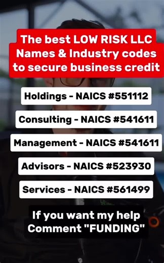 Choosing the right LLC name and NAICS code can make all the difference when securing business credit. Low-risk options like Holdings, Consulting, Management, Advisors, and Services help banks see your business as credible and responsible. We’ve helped entrepreneurs set up their LLCs the right way and access $50K-$250K in funding faster than they imagined. Comment “FUNDING” for more info! 💰