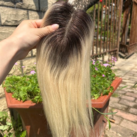 Ombre Dark Root to Platinum Blonde Mono Base Hair Topper – 100% Human Hair Piece for Thinning Crown & Instant Volume